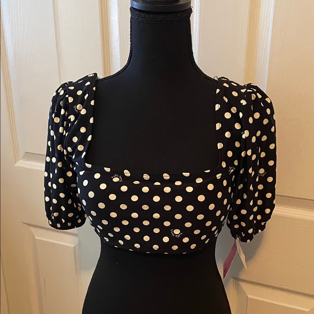 NWT Kate Spade feminine silky Black and White Polka Dot Crop Top Large - Picture 1 of 14